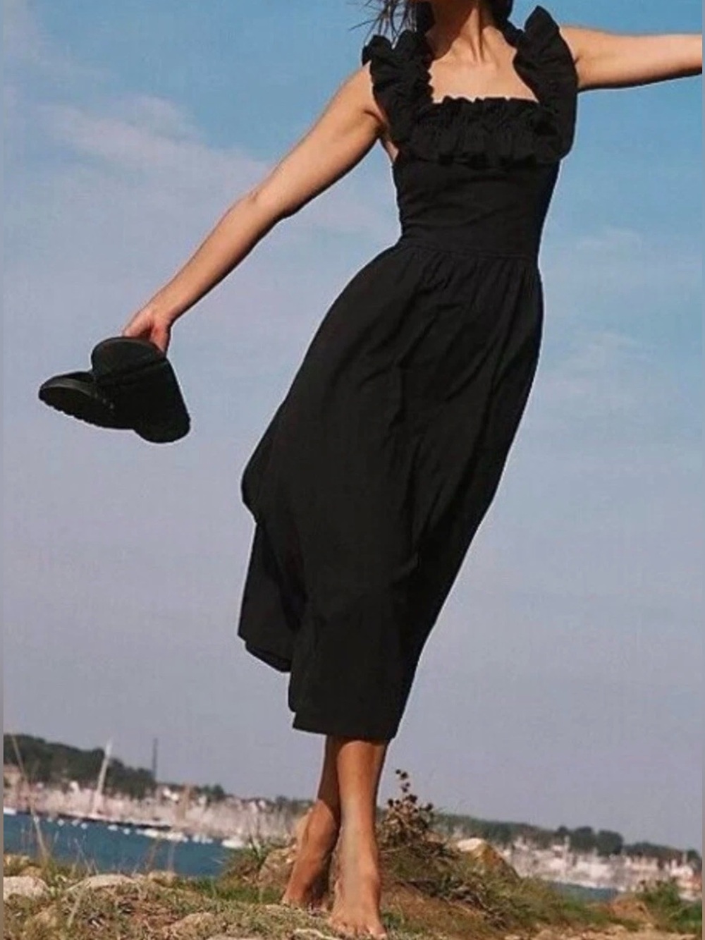 Free People Ruffle It Up Midi Dress Black Smocked Tie Cotton Sz M NWT